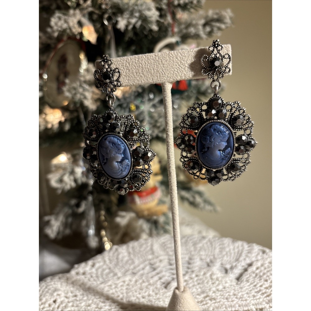 Blue Cameo Earrings with Filigree Design Marquisite Style